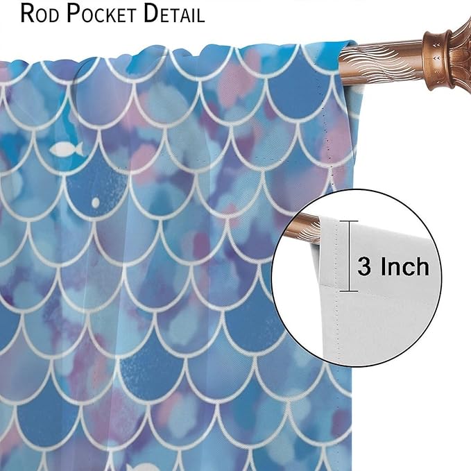 Mermaid Blackout Curtains, Kids Cartoon Blue and Pink Ocean Mermaid Scale Pattern Decoration for Girls Bedroom Nursery Curtains 52x84 Inch