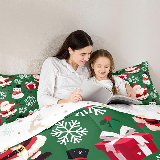 jejeloiu Merry Christmas Comforter Set King Size Xmas Santa Claus Bedding Set for Kids Boys Girls Cute Snowman Duvet Quilt Green Bedroom Decor