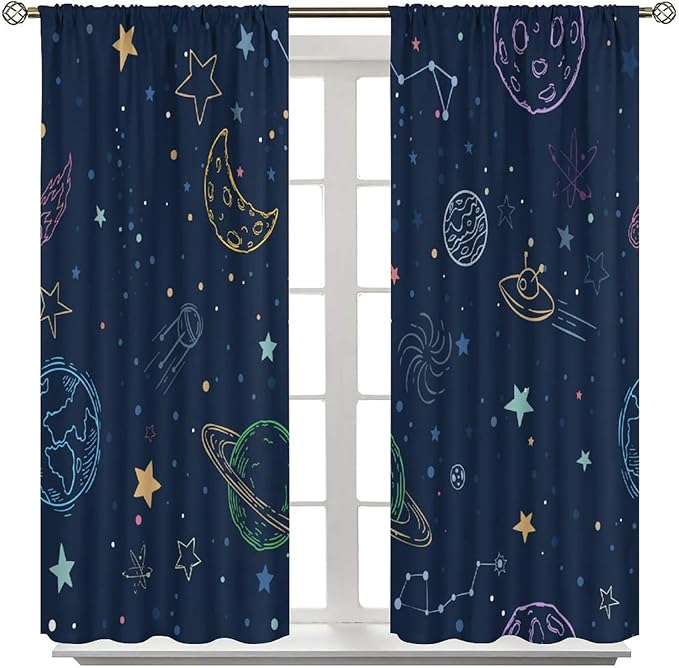 Navy Blue Space Curtains, Cartoon Outer Space Stars Planets Theme Galaxy Curtains for Kids Teens Bedroom Nursery Toddlers Room 55" W X 63" L