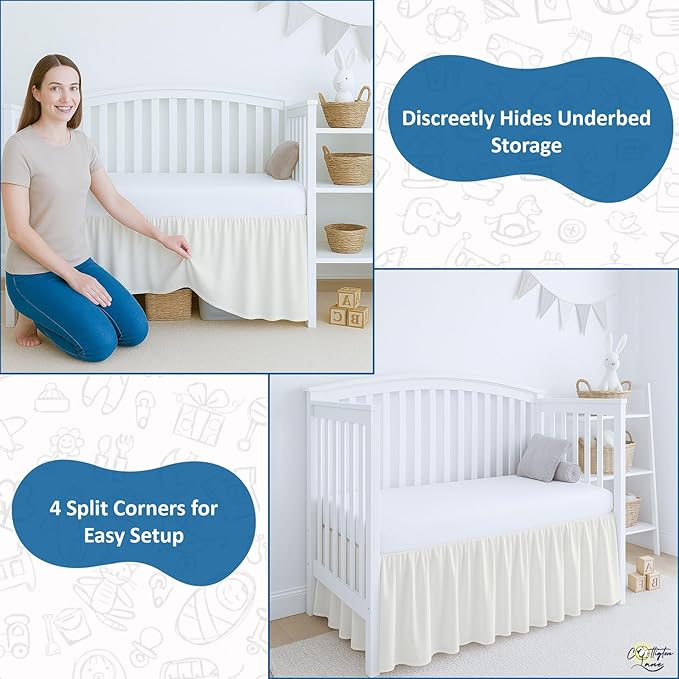 Cottington Lane Ivory Crib Skirt Dust Ruffle, 100% Natural Cotton, Soft, Durable Nursery Crib Toddler Bedding Skirt for Baby Girls or Boys, Fits Standard Cribs 28" x 52" with 14" Drop