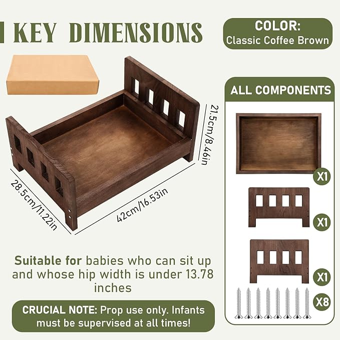 Newborn Photography Bed Props Brown Wooden Vintage Baby Photo Prop Baby Photoshoot Props for Studio Professional Photographers Newborn Photo Sessions Detachable Doll Bed