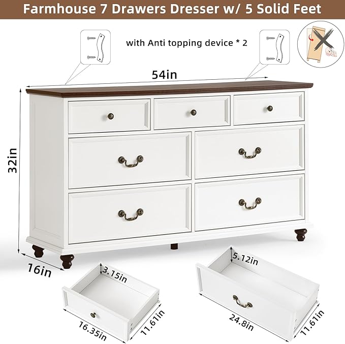 Farmhouse Dresser and Nightstand Sets, Wooden 7 Drawers Dresser & 24" Night Stand with 3 Drawers, 2 Piece Bedroom Furniture Set, Chest of Drawers for Bedroom, Home, Living Room, Hallway