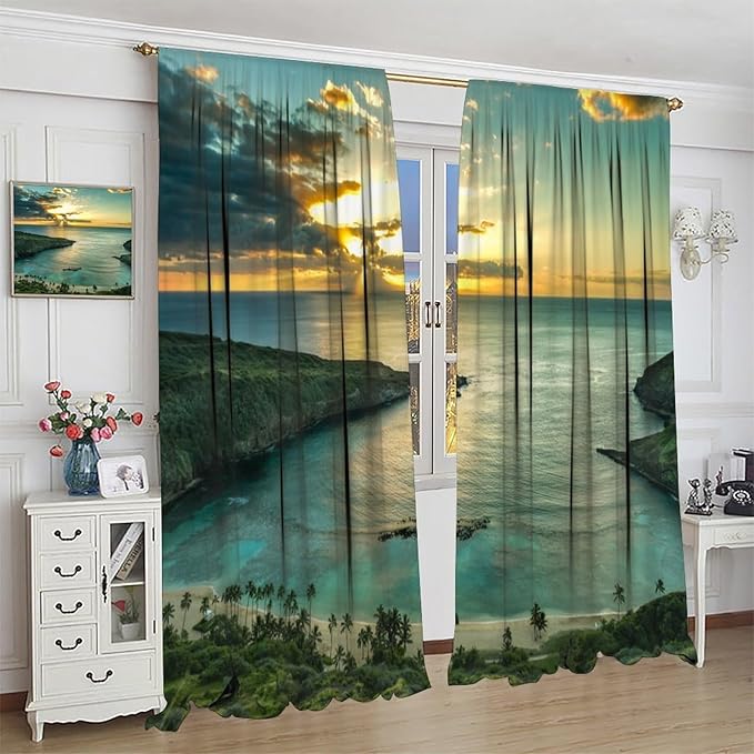 Ocean Beach Curtains,OceanMorning Sunrise Hawaiian Seaside Scene Pattern Blackout Print Home Bedroom Living Room Window Treatments 2 Panel Set 84x84 Inch