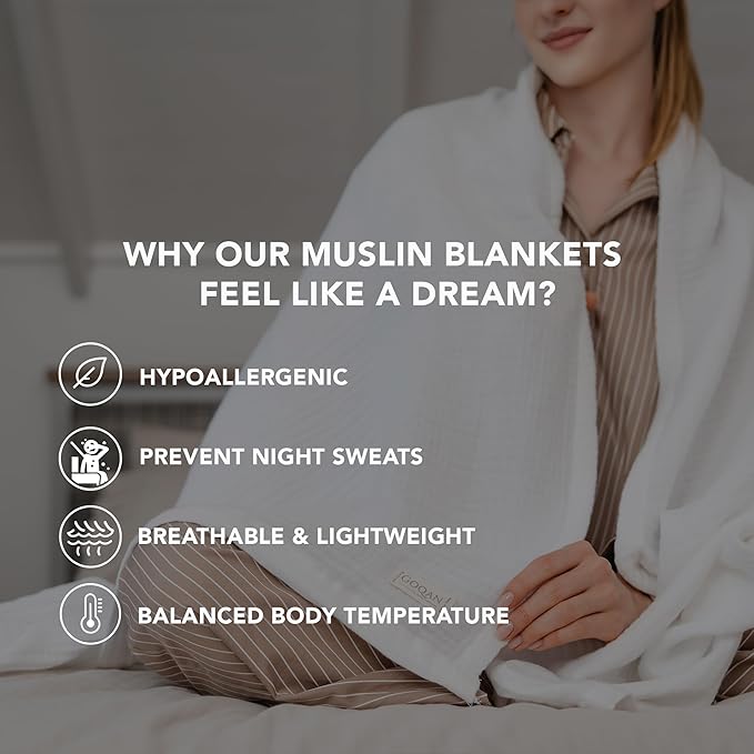 Goqan Muslin Blanket Twin 55x79 – 100% Cotton 4 Layer Boho Muslin Blanket for Adults, Lightweight, Soft, Breathable, for Bed, Couch - White