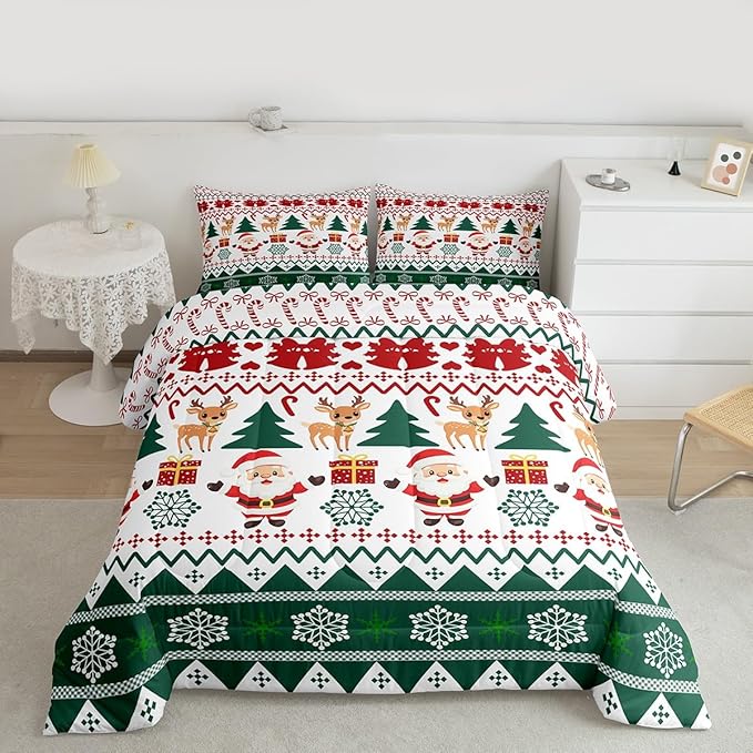 Feelyou Merry Christmas Kids Comforter Set Queen Size Santa Claus Bedding Set Cute Deer Duvet Quilt for Kids Boys Girls Bedroom Snowflake Decor Microfiber Ultra Soft Breathable