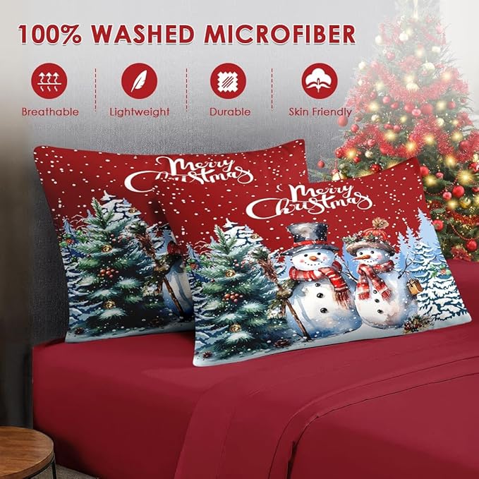 5 Pcs Twin Size Christmas Comforter Set with Pillowcase & Sham, Winter Wonderland Bedding for Kids and Adults, Happy Snowman Bed in a Bag with Flat Fitted Sheet