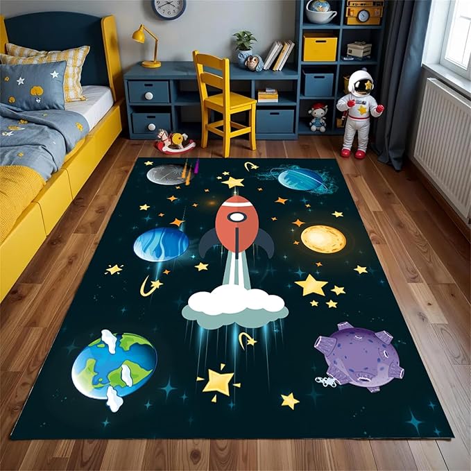 6x8ft Outer Space Rug - with Rocket and Planet Design, Non-Slip Washable,Kids Rugs for Playroom Easy Care Rug, for Children's Room, Toddlers, Classroom, Playroom, Baby Daycare