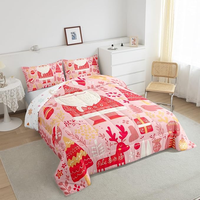 Feelyou Cute Santa Claus Bedding Set for Kids Boys Girls Twin Size Xmas Deer Elk Decor Comforter Set Ultra Soft Comforter Xmas Tree Duvet Quilt Bedroom Decor Christmas Decor Quilt