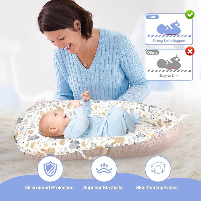 Baby Lounger, Portable Baby Lounger for Newborn 0–24 Months, Infant Nest for Travel, Floor Time, and Crib Use, Baby Essentials for Home (Hoot)
