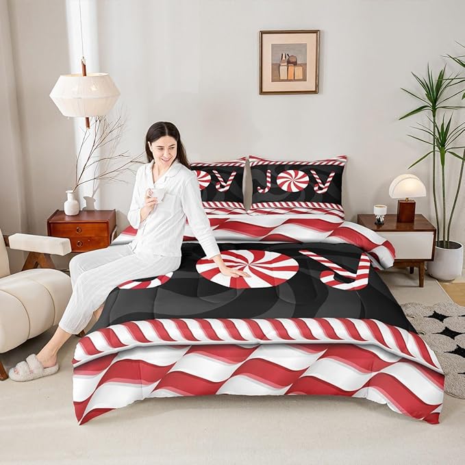 Kids Merry Christmas Comforter Set King Size,Holiday Joy Sweet Candies Bedding,Girls Boys Adults Bedroom/Xmas Cabin Decor,Wave Geometric Retro Down Comforter,Red Black Duvet Insert,2 Pillowcases