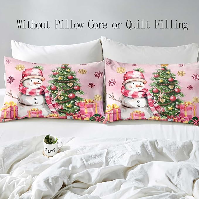 LUVIVIHOME 3PCS Snowman Duvet Cover King Bedding Set, Pink Duvet Cover, Kids Teens Girls Bedding, Christmas Tree Snowflake Holiday New Year Xmas Gifts Christmas Comforter Quilt Cover, 2 Pillow Shams