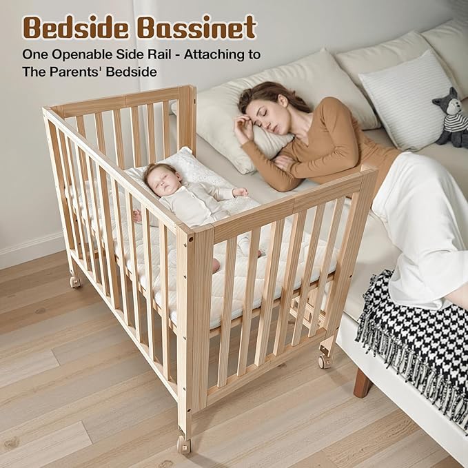 Portable Mini Baby Crib - Pine Wood Foldable 4-in-1 Baby Crib with Mattress,Portable Bedside Bassinet Sleeper,3 Adjustable-Height Baby Cribs for 0-18 Months,Unpainted