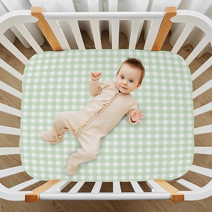 Green Gingham Checkered Crib Sheets for Boys and Girls, Fitted Baby Crib Sheet Soft Crib Mattress Sheets 52 X 28 Inches