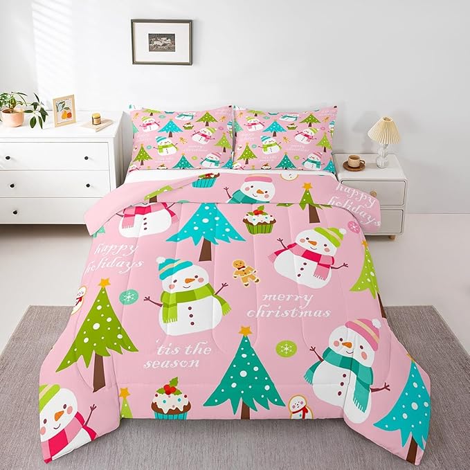 Erosebridal Merry Christmas Comforter Set for Kids,Pink Xmas Decor Bedding Set Full Size,Cartoon Snowman Quilts Christmas Tree Down Comforter for Girls Boys Teens Bedroom Decor