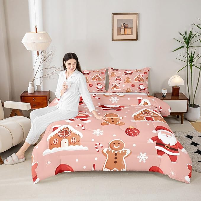 Feelyou Christmas Kids Comforter Set Queen Size Santa Bedding Set Gingerbread Man Duvet Quilt for Kids Boys Girls Bedroom Snowflake Decor Microfiber Ultra Soft Breathable