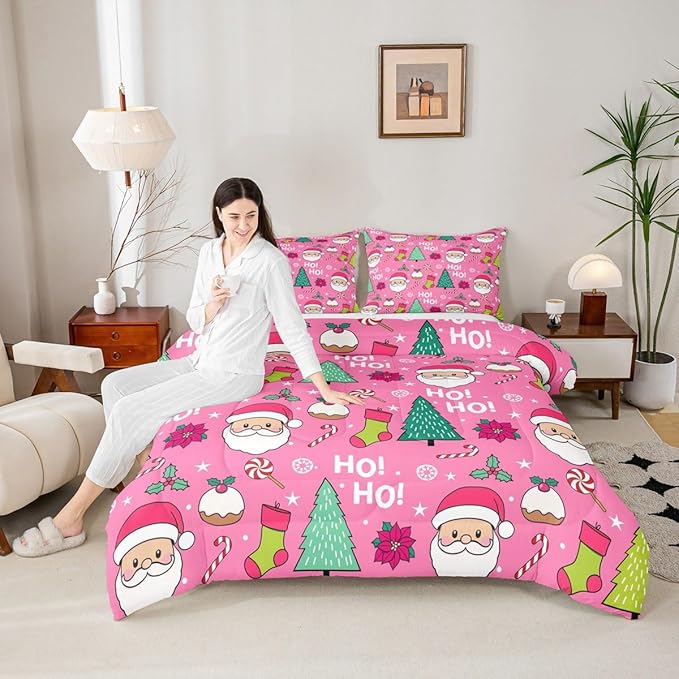 Feelyou Pink Merry Christmas Comforter Set All Season Santa Claus Bedding Set with 1 Pillow Cases Xmas Microfiber Kids Twin Bedclothes Happy New Year Bedroom Decor Duvet Quilt Soft Lightweight