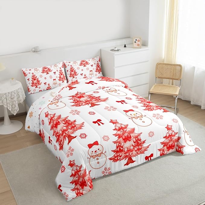 Feelyou Merry Christmas Comforter Set Toddler Size Cute Snowman Bedding Set for Kids Boys Girls Cartoon Bowknot Duvet Quilt Christmas Tree Microfiber 2 Pcs with 1 Pillow Cases
