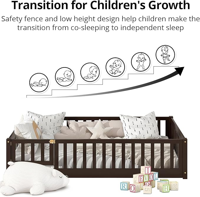 Twin Size Wood Montessori Bed Frame with Wood Slats, Fence & Door for Children Girls and Boys, Espresso (with Bed Slats)