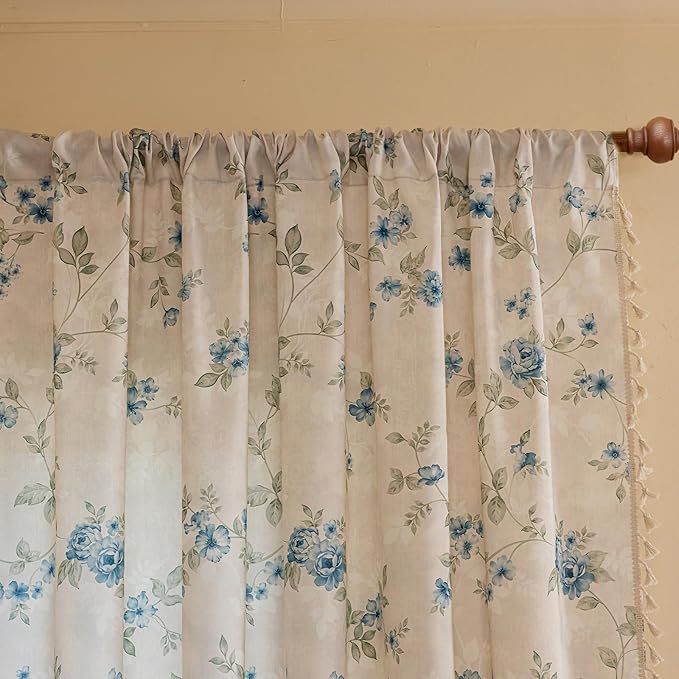 ENJOYBRIDAL Blue Floral Curtains 96 Inches Bedroom Cute Drapes Rod Pocket Boho Semi Sheer Long Window Curtain Panels Rustic Living Room Farmhouse 2 Panels Vintage Window Treatments