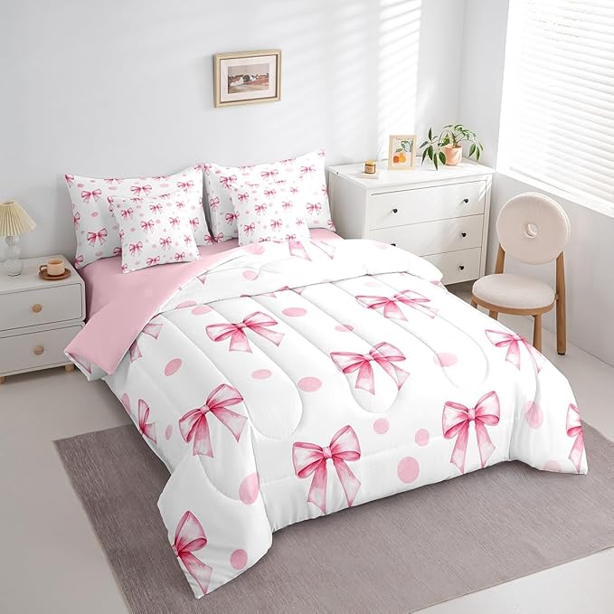 7 Pieces Pink Bow Princess Comforter King,Bowknot Geometric Dots Toddler Bedding Set,Butterfly Knot Bow Tie Romantic White Simple（Comforter+Fitted+Flat Sheet+2 Pillowcases+2 Throw Pillow Covers）