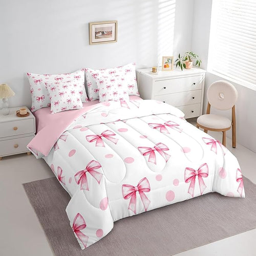 7 Pieces Pink Bow Princess Comforter Queen,Bowknot Geometric Dots Toddler Bedding Set,Butterfly Knot Bow Tie Romantic White Simple（Comforter+Fitted+Flat Sheet+2 Pillowcases+2 Throw Pillow Covers）