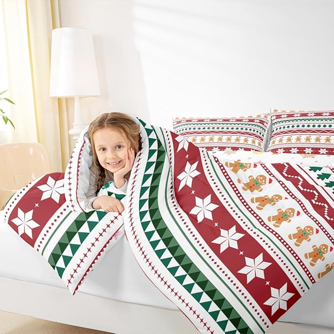 Feelyou Merry Christmas Bedding Set Soft for Boys Girls, Gingerbread Man Comforter Set Full Size Duvet Quilt Microfiber Striped Bedroom Decor 3 Pcs with 2 Pillow Cases