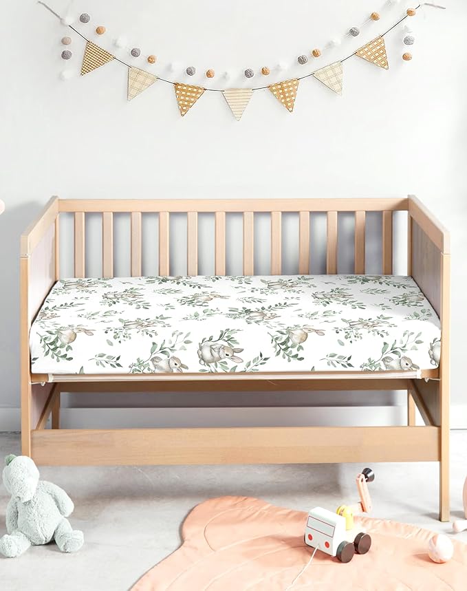 Pack and Play Sheets 2 Pack, Fitted Jersey Knit Mini Crib Sheets for Baby Boys and Girls, Compatible with Graco Pack N Play and Mini Crib Mattress (Bunny Meadow, Pack N Play/Mini Crib Sheets)