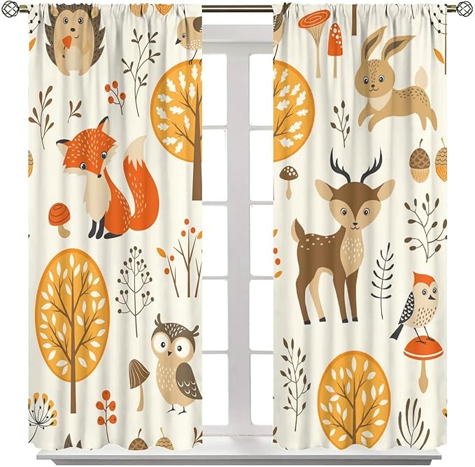 Kids Forest Animal Curtains,Baby Bedroom Window Treatments, Cartoon Watercolor Forest Animal Lion Boys Girls Children Bedroom Drapes 63x72in