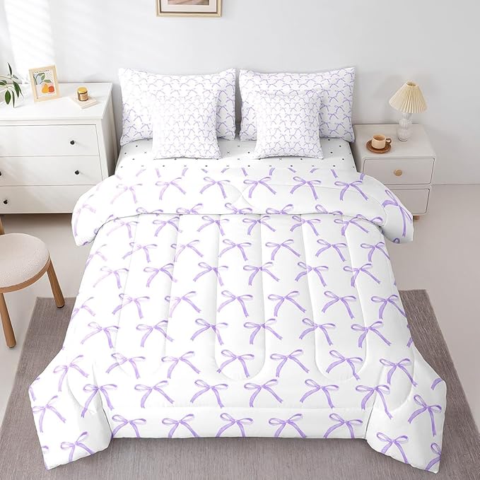Manfei 7 Pieces Cartoon Bowknot Kids Comforter King Size,Bow Tie Knot Fashion Princess Bedding Set,Cute Bow Sketch Geometric Purple Romantic（Comforter+Fitted+Flat+2 Pillowcases+2 Throw Pillow Covers）