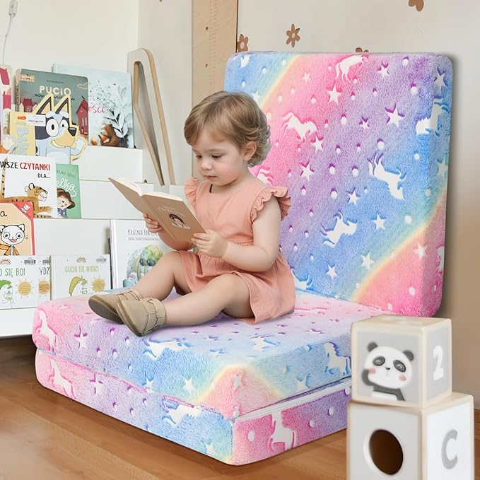 MeMoreCool Glow Rainbow Unicorn Foldable Floor Mattress for Kids, Trifold Nap Mat for Toddlers, Portable Daycare Sleeping Futon or Floor Bed, 63x26 Inch
