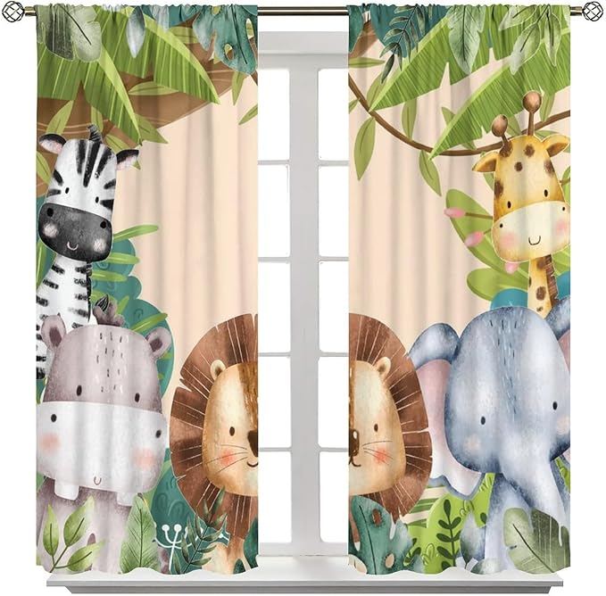 Jungle Animals Curtains Colorful Forest Cartoon Wildlife Lion Giraffe Elephant for Kids Boys Girls Nursery Bedroom Living Room Blackout Rod Pocket Decoration Window Drapes 2 Panels W31.5xL63in