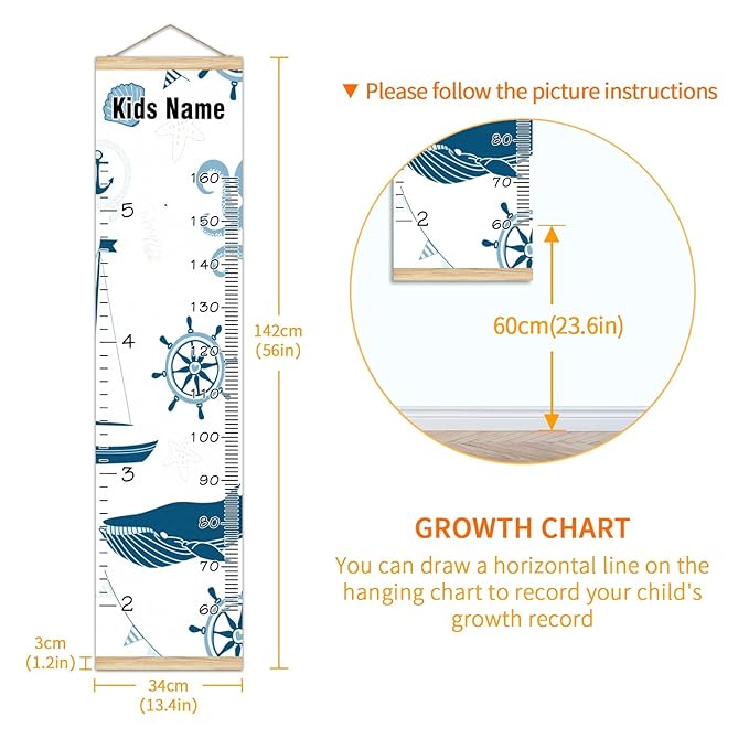 Personalized Kids Name Growth Chart Ruler for Wall Wood Frame Height Measure Chart 13.4x56 in Linen Hanging Height Growth Chart Nautical Lighthouse Sailboat Kids Room Decor