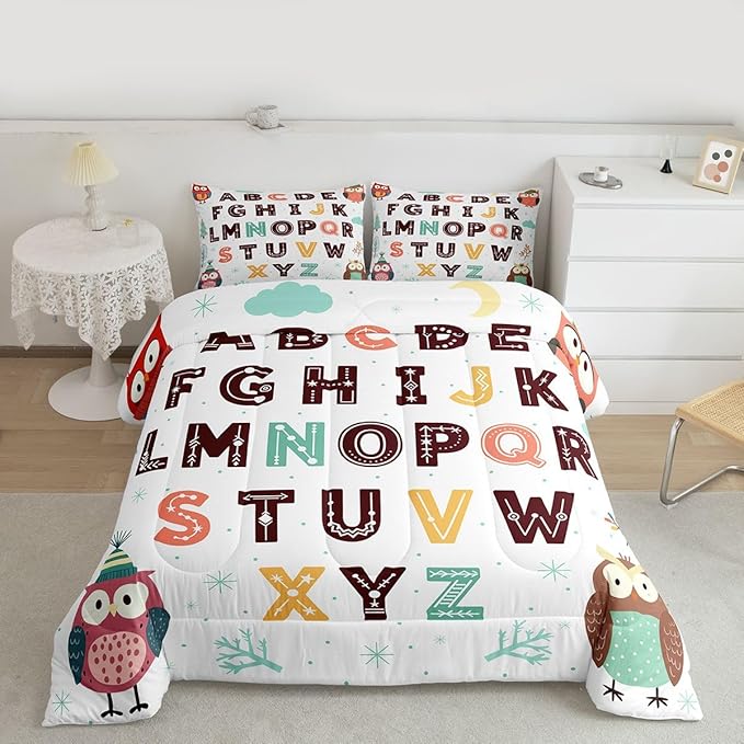 Feelyou Alphabet Kids ABC Learning Comforter Set Full Size Cartoon Owls Bedding Set for Kids Boys Girls Educational Nursery Art Duvet Quilt Wildlife Bedroom Decor 3 Pcs with 2 Pillow Cases