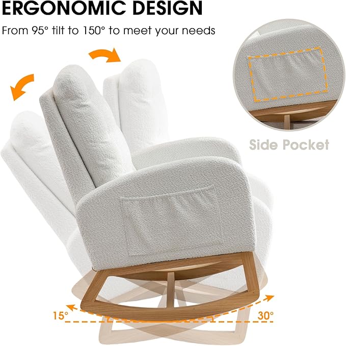 NIOIIKIT Nursery Rocking Chair, Linen Upholstered Glider Chair with Footrest, Tufted Rocker Recliner with Side Pocket, Comfy Recliner Glider, Accent Chair for Living Room (White Polar Fleece)