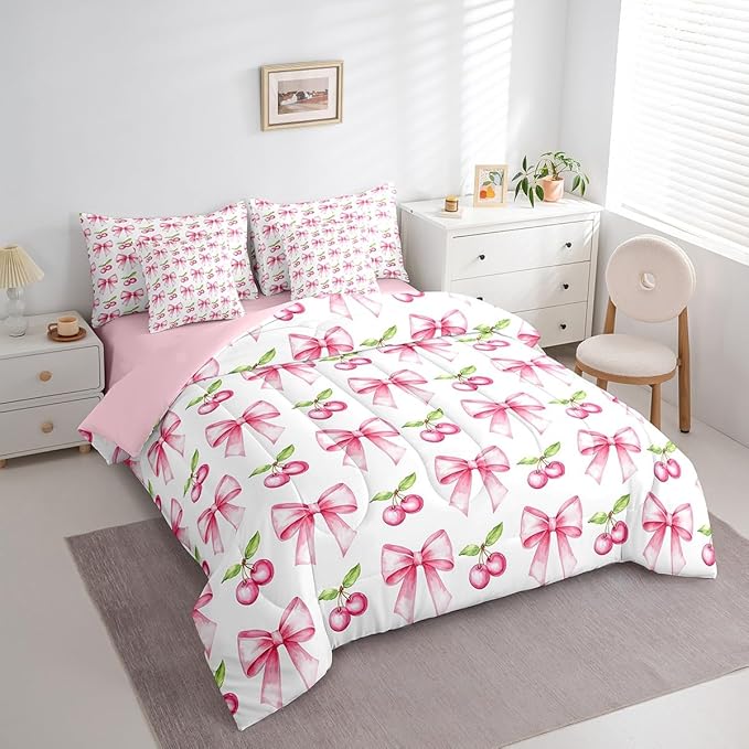 7 Pieces Pink Bowknot Kids Comforter Twin,Cherry Tropical Fruit Cartoon Bedding Set,Bow Tie Butterfly Knot Princess Dreamy Fashion（Comforter+Fitted+Flat Sheet+2 Pillowcases+2 Throw Pillow Covers）