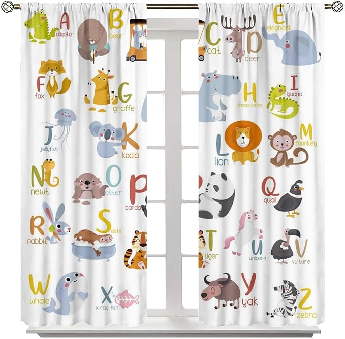 Kids Alphabet Curtains Funny Cartoon Educational Learning Cute Animal Zebra Curtain with Rod Pocket for Bedroom Living Room Decor Drapes Window Treatments 2 Panels Set 63" W X 63" L