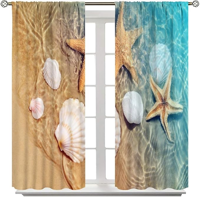 Beach Curtain for Bathroom Decor，Sea Turtle Starfish Seashell Nautical Ocean Coastal Scenery Art Printed Fabric Polyester Waterproof Set 2 Panels,42x45 Inches
