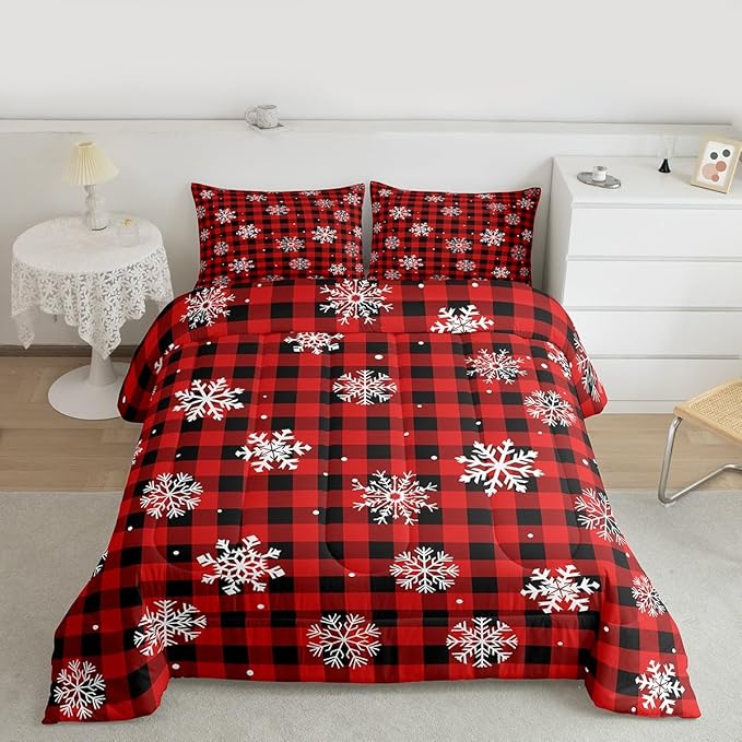 Feelyou Christmas Kids Comforter Set Full Size Snowflake Red Bedding Set Red Black Plaid Duvet Quilt for Kids Boys Girls Bedroom Winter Snow Decor Microfiber Ultra Soft Breathable