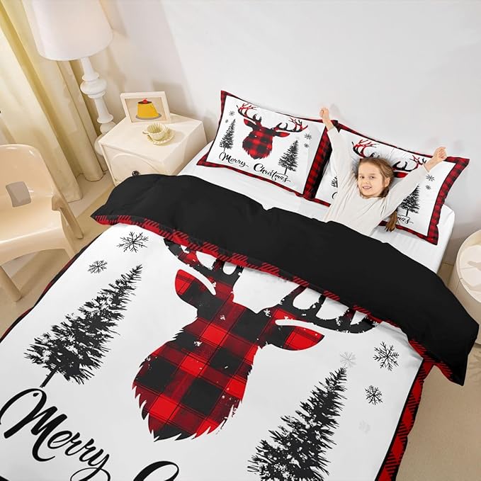 jejeloiu Christmas Bedding Set for Kids Boys Girls Xmas Deer Elk Antlers Comforter Cover Set Twin Size Buffalo Check Grid Duvet Cover Bedroom Decor Xmas Bedding Collection 2Pcs