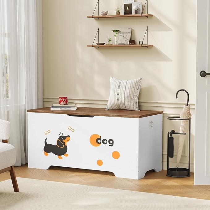 HOOBRO Toy Box, Toy Chest with 2 Safety Hinges, 43.3" Storage Bench, Wooden Storage Chest, for Entryway, Bedroom, Living Room, White and Walnut WH495CW01