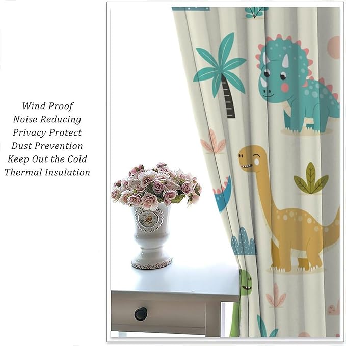 Fun Dino Curtains, Cute Colorful Dinosaur Pattern Blackout Window Treatments, Rod Pocket Thermal Insulated Drapes 2 Panel Sets for Children Boys Bedroom Nursery Classroom, 52" W X 84" L