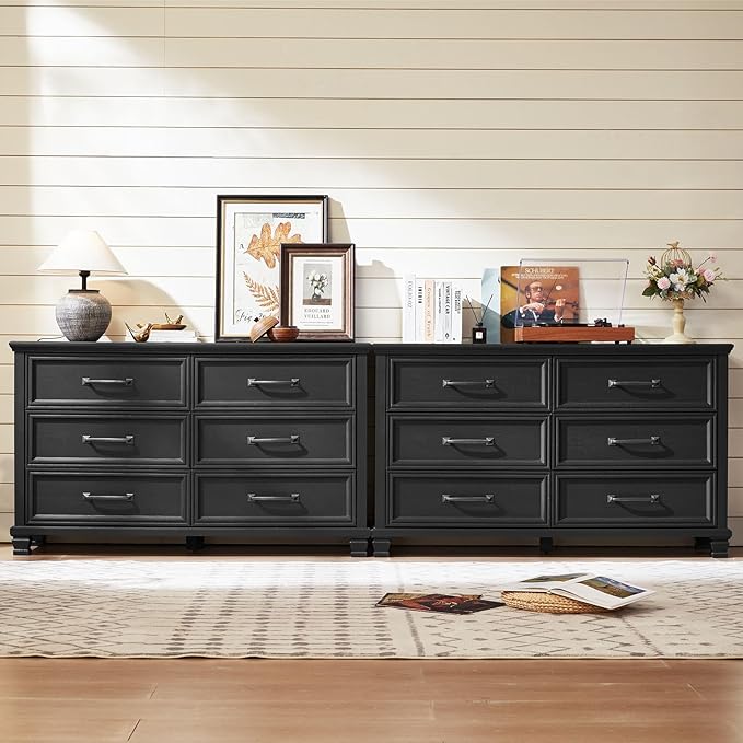 Farmhouse Black Bedroom Sets of 4, Includes 6 Drawer Large Dresser, Vintage Night Stand with 3 Drawers, Small 5 Chest of Drawers, Wood Rustic Dresser & Nightstand Set for Bedroom, Home
