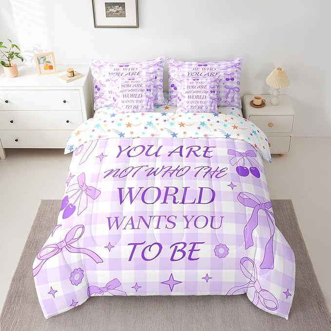 7 Pieces Purple Bowknot Comforter Set King,Cherry Stars Daisy Flowers Romantic Bedding Set,Bow Tie Geometric Plaid Patchwork Dreamy（Comforter+Fitted+Flat Sheet+2 Pillowcases+2 Throw Pillow Covers）