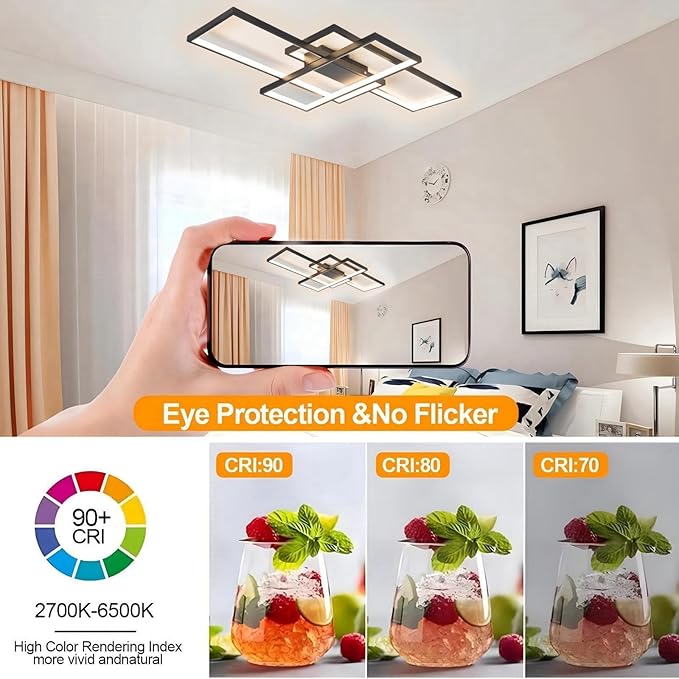 Flush Mount Modern LED Ceiling Light Fixture,With remote control Dimmable 3 Color Selectable Ceiling Lamp Ceiling Light for sitting room Kitchen Bedroom Hallway Porch (Black, 31.5*17.7*3.5 IN)