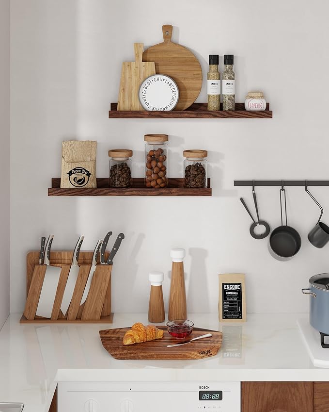 Axeman Oak Picture Ledge Shelf, 72 Inch Floating Shelves Set of 2, Solid Oak Wood Wall Shelves with Lip, Wall Decor Storage for Bedroom Living Room Bathroom Kitchen Nursery Photo Picture, Walnut