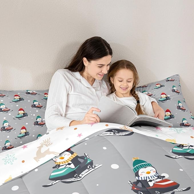 Feelyou Christmas Comforter Set All Season Gray Penguin Bedding Set with 2 Pillow Cases Cartoon Penguin Skiing Microfiber Kids Queen Bedclothes Snowflake Bedroom Decor Duvet Quilt Breathable Soft