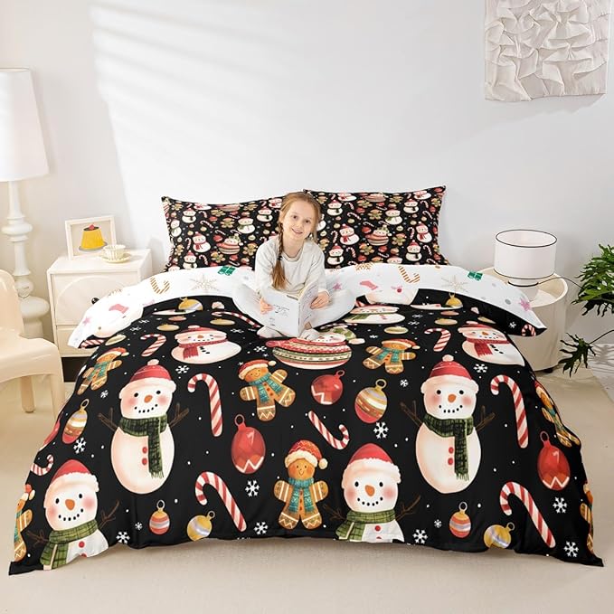 Feelyou Merry Christmas Duvet Cover Full Size Gingerbread Man Snowman Comforter Cover for Boys Girls Candy Cane Bell Xmas Decor Bedding Set 3Pcs Reversible Xmas Decor Room Decor