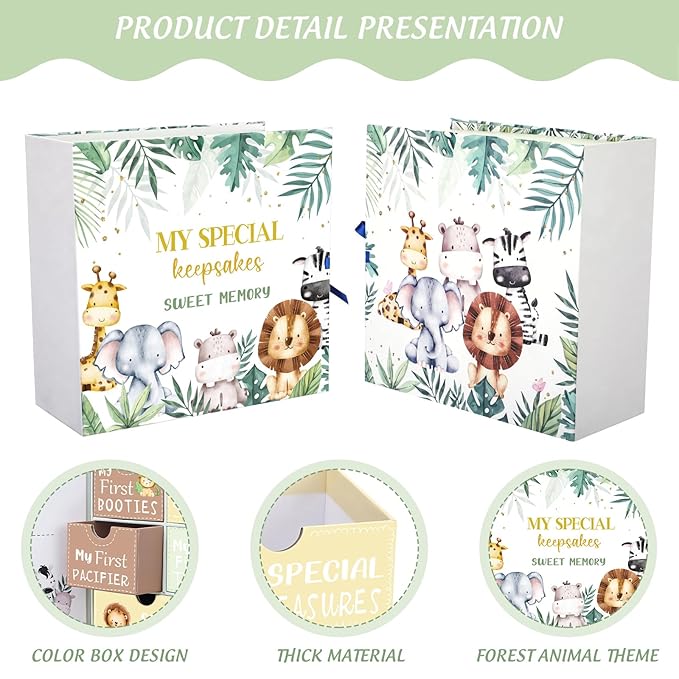 Baby Keepsake Box Newborn Memory Organizer with 9 Labeled Compartments First Keepsake Book Gift Box for Pregnancy Mother"s Day Baby Shower New Maternity (Green,Jungle Animal)