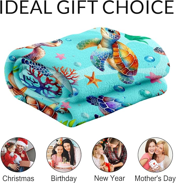 Custom Sea Turtle Gifts for Women - 60" x 80" Inches Turtle Blanket for Adult - Green Warm Furry Blankets for Sofa, Bed & Living Room