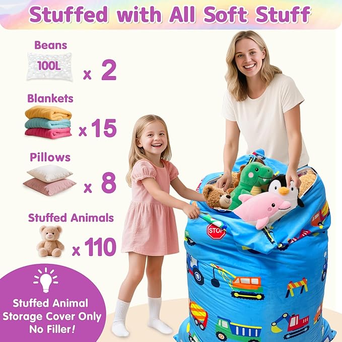 Jorbest Stuffed Animal Bean Bag Storage, Cute Construction Stuffed Animal Storage for Kids and Adults, Luxury Velvet Bean Bag Covers Only without Filling, (200 L/52 Gal)